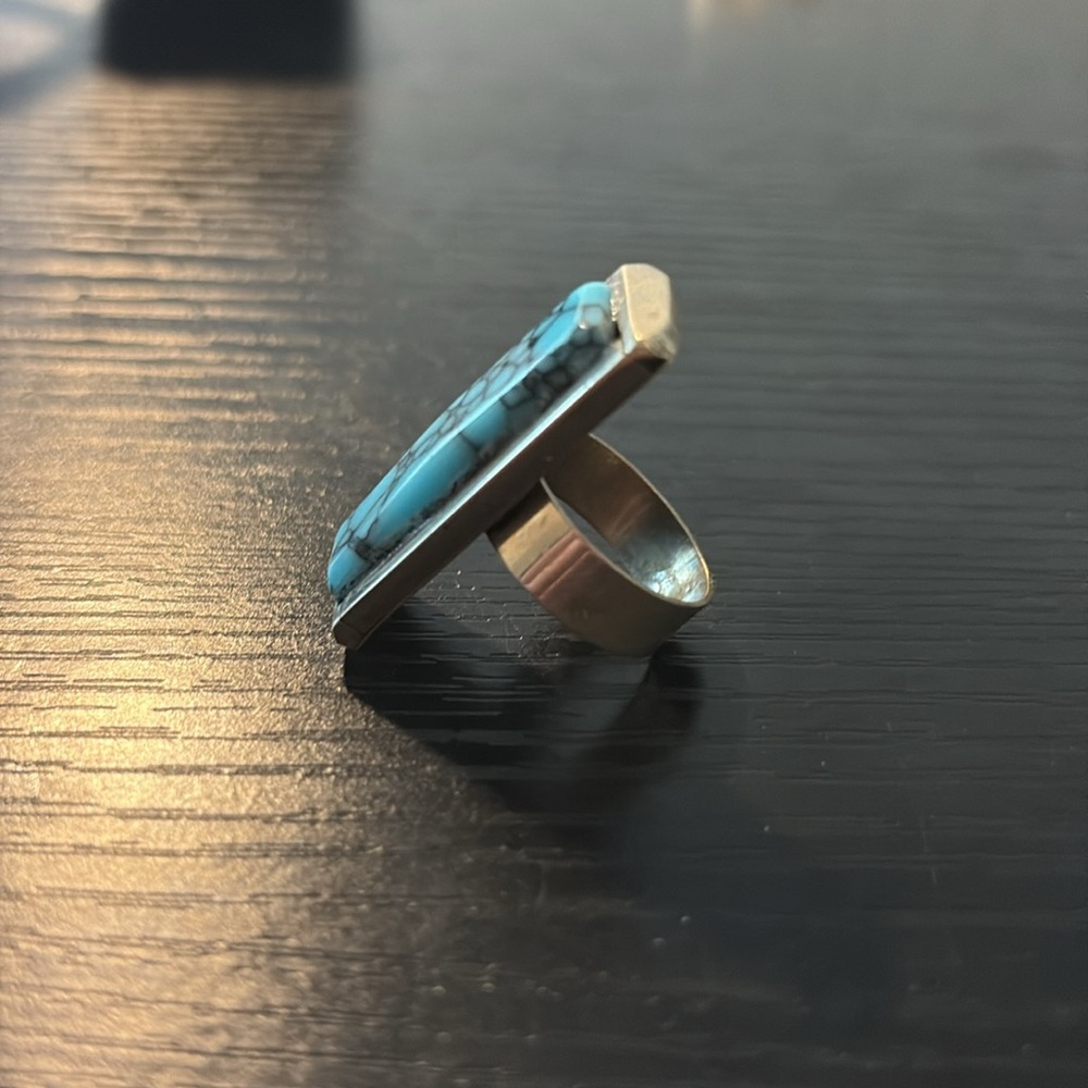Silver Ring Synthetic Turquoise Rectangle Stone S… - image 3